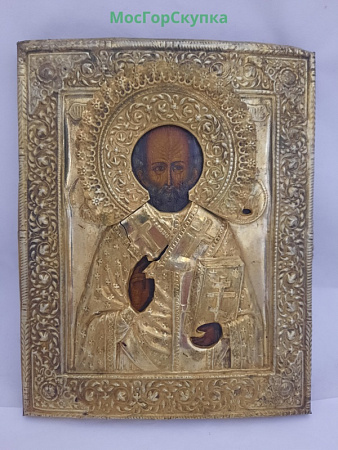 Икона Николай Чудотворец, оклад латунь, в киоте — 19 век