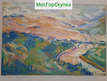 Картина Горная река — картон, гуашь. К.Зданович, 1950-е годы — Размер 20 х 30 см