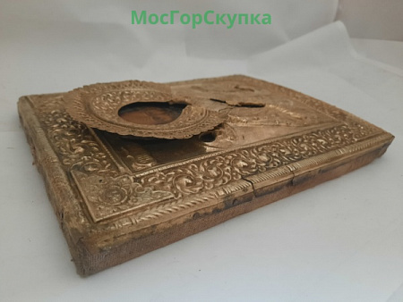 Икона Николай Чудотворец, оклад латунь, в киоте — 19 век