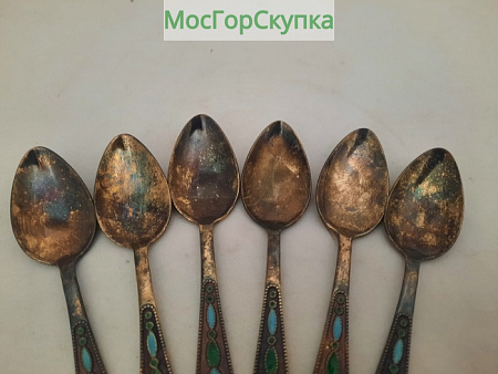 Ложки кофейные 6 штук, эмаль, серебро 875 проба