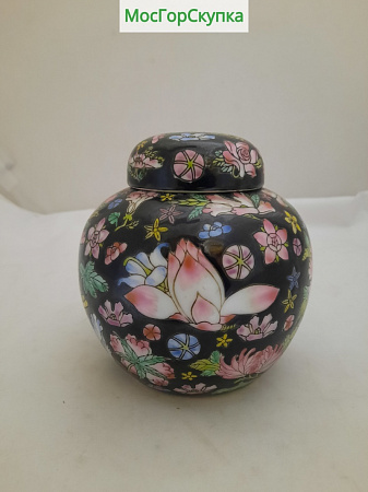 Чайница фарфоровая — Китай — Высота 12 см, ширина 11 см, диаметр 4,5 см