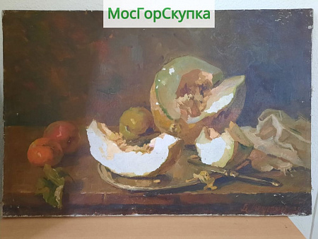 Картина Натюрморт Дыня холст, масло. Авт. Мещеряков В. 1955 г. Размер 50 х 75 см