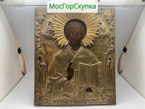 Купить Икона Николай Чудотворец — 19 век, оклад латунь