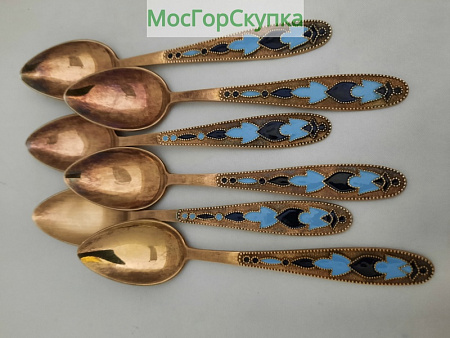 Ложки кофейные 6 штук, эмаль — серебро 875 пробы