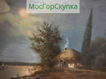 Картина Деревенская сцена у озера — холст, масло — 19 век
