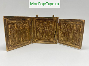 Купить Складень трехстворчатый Спас на троне, медное литьё — 19 век